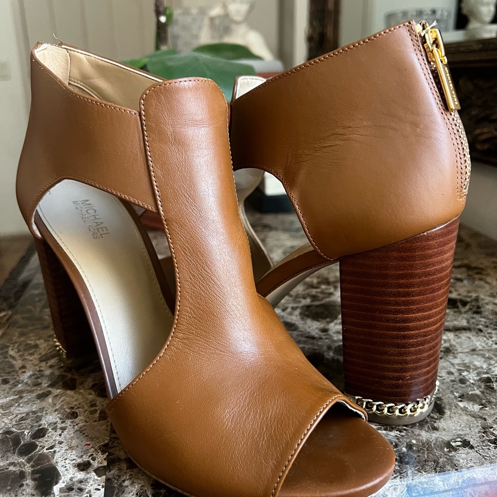 Michael Kors Tan Heeled Boots with Peep-Toe Design
